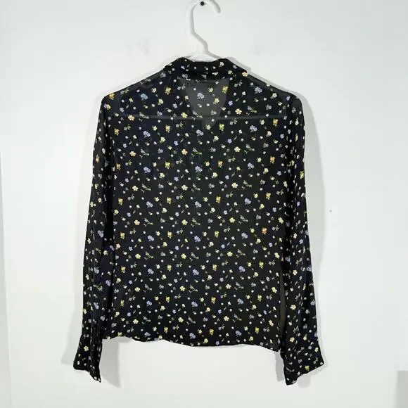 Reformation Violet Black Floral Semi Sheer Long Sleeve Button Up Blouse Small - Picture 13 of 15